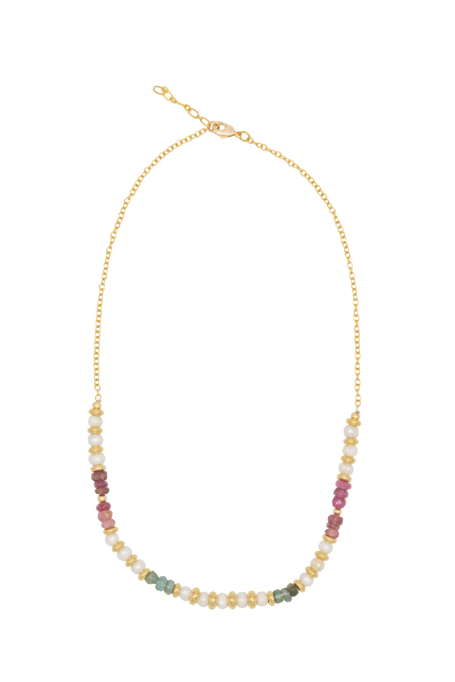 Collar corto de turmalina, perlas y rondeles dorados