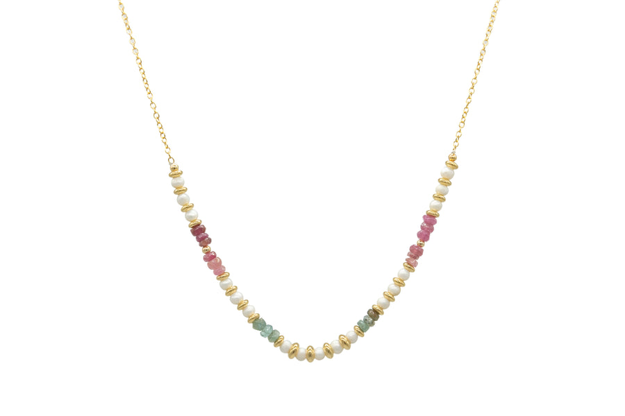 Collar corto de turmalina, perlas y rondeles dorados