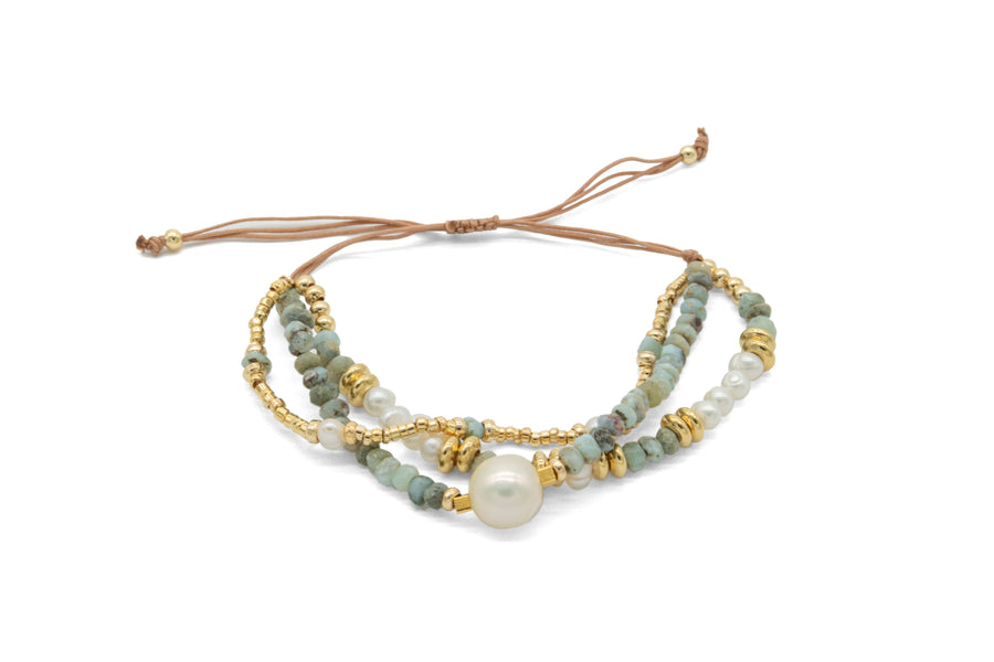 Pulsera ajustable de tres con piedras naturales y perlas