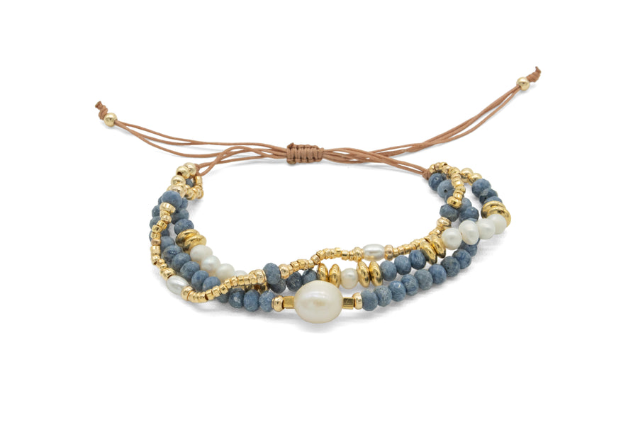 Pulsera ajustable de tres con piedras naturales y perlas