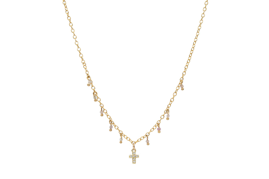 Collar min cruz zirconias y turmalinas colgando