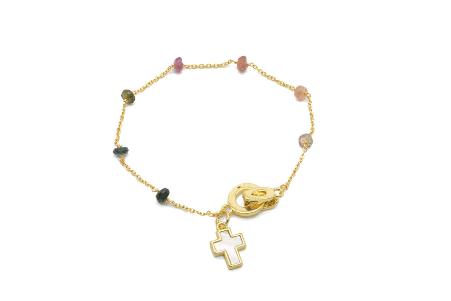 Pulsera rondel turmalina con cruz de madre perla