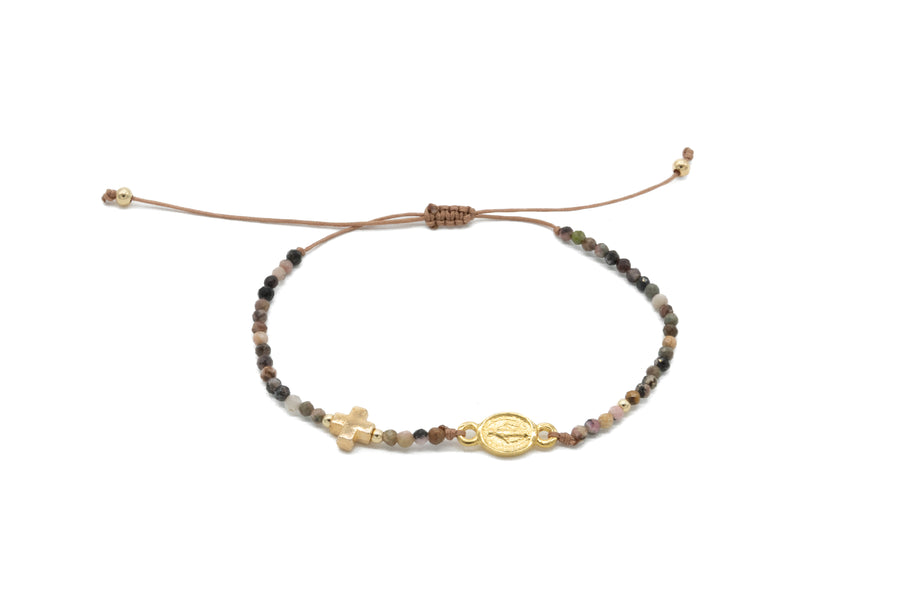 Pulsera ajustable piedras naturales mini cruz y Virgen Milagrosa