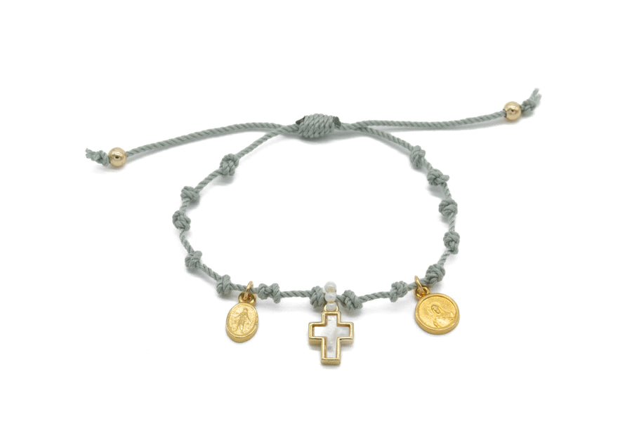 Pulsera gris cordón charms religiosos