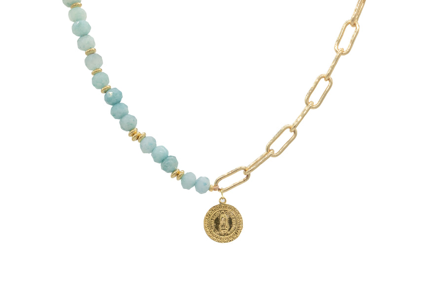 Collar Virgen de Guadalupe con cadena jumbo mitad piedra natural