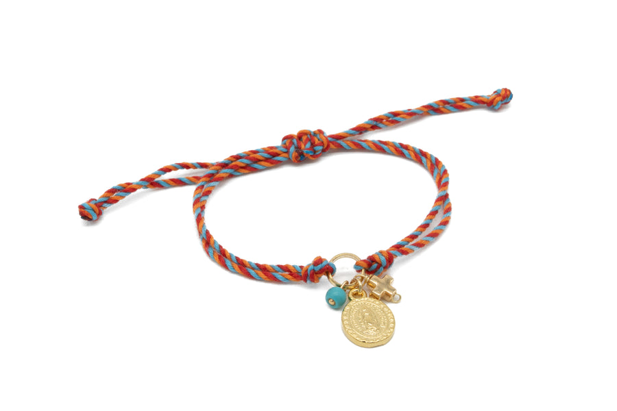 PULSERA CORDON COLORES CON CIRCULO, MEDALLA, CRUZ Y TURQUESA