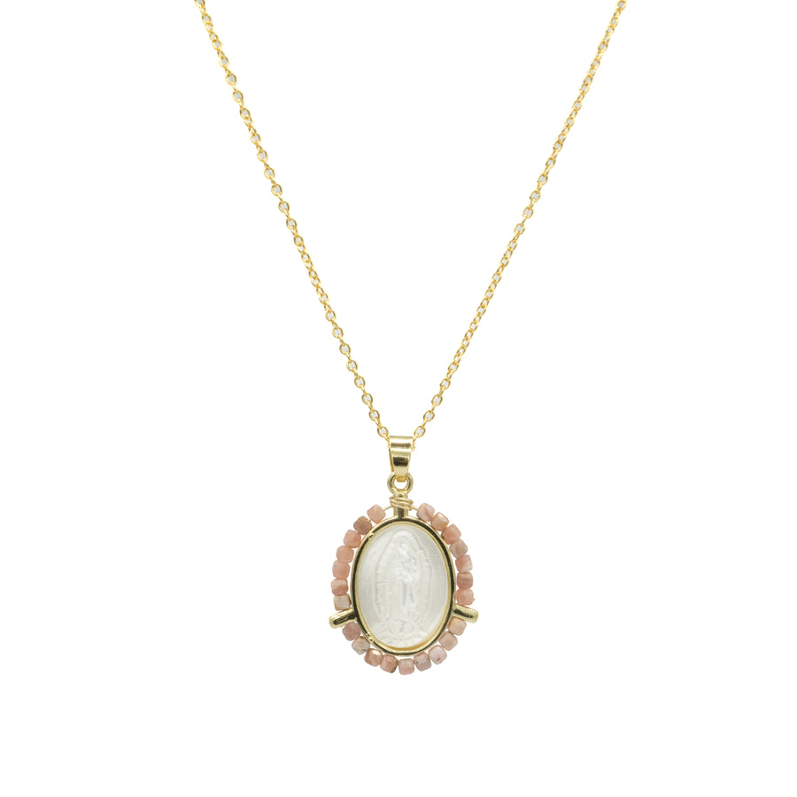 Collar de Virgen de Guadalupe en madre perla bordada
