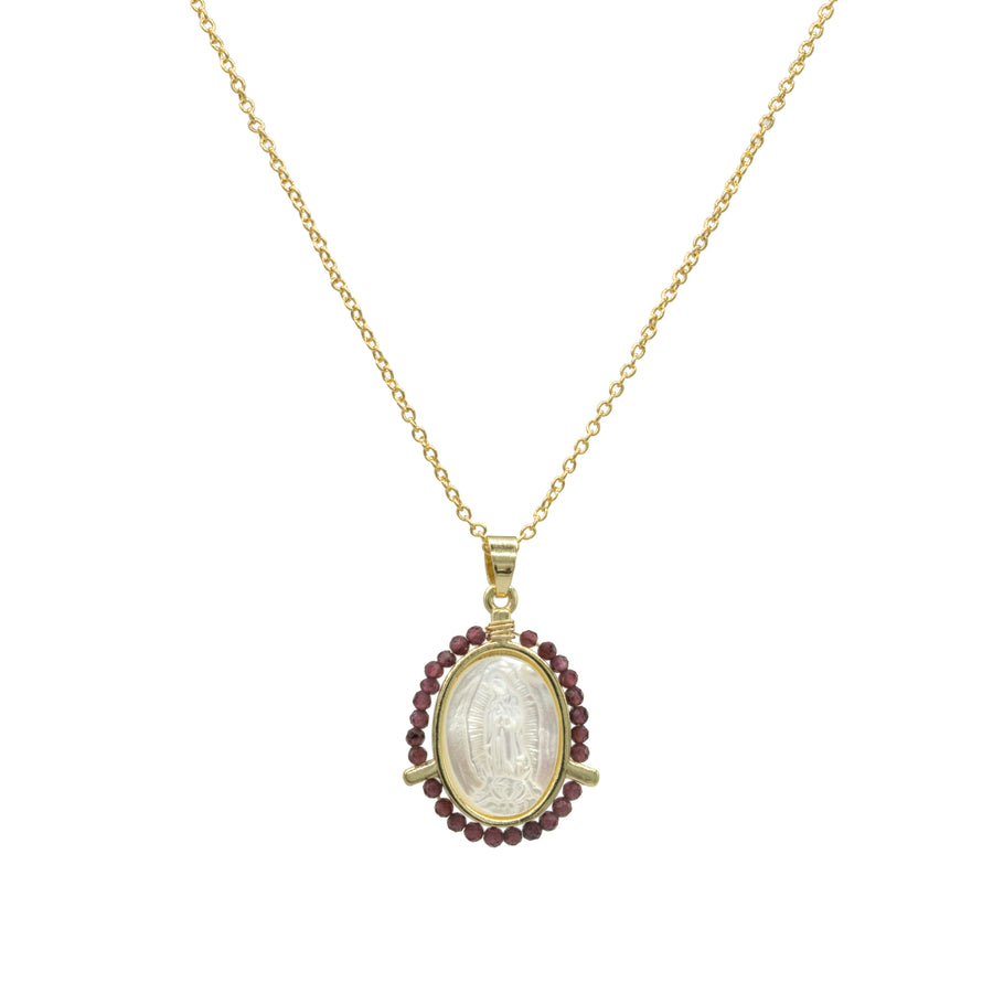 Collar de Virgen de Guadalupe en madre perla bordada