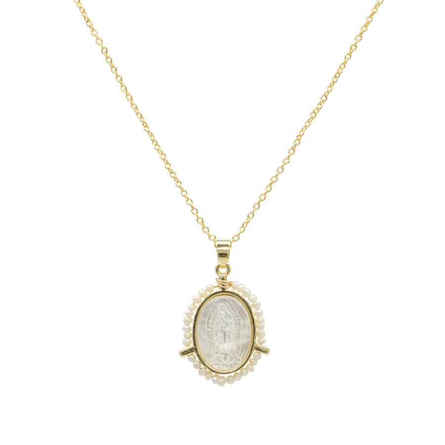 Collar de Virgen de Guadalupe en madre perla bordada