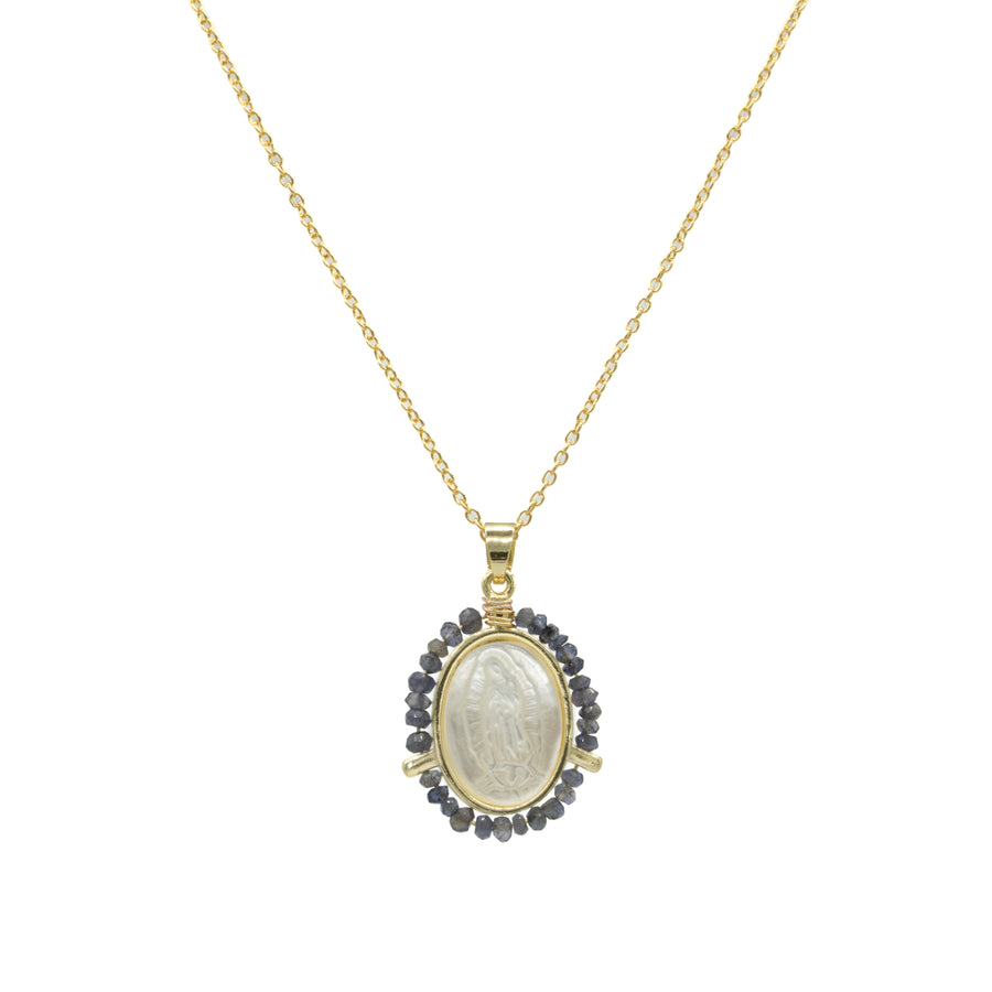 Collar de Virgen de Guadalupe en madre perla bordada